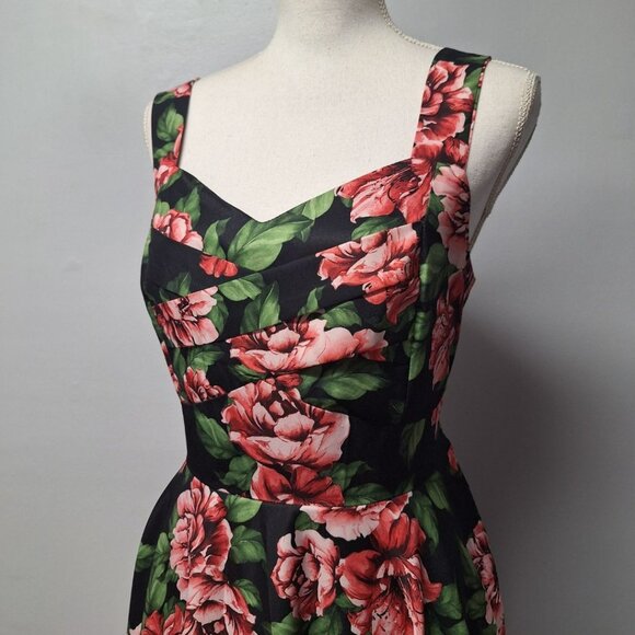 Papillon Rose Dress Womens Large Midi Tie Belt Waist Zip Back Pink Green Floral - Picture 2 of 15